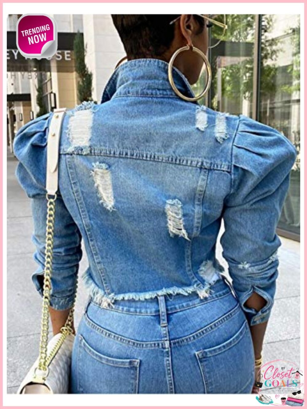 Puff Sleeve Denim Crop Top Frayed Hem Button Down Cotton Jean Jacket - Picture 4 of 6